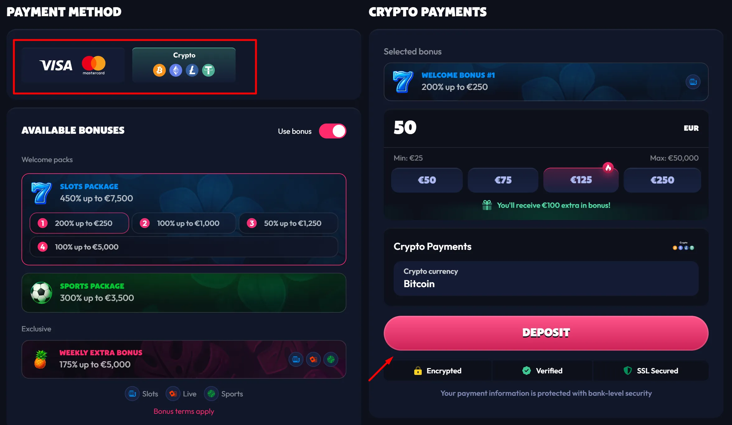 Making a deposit at Seven Casino