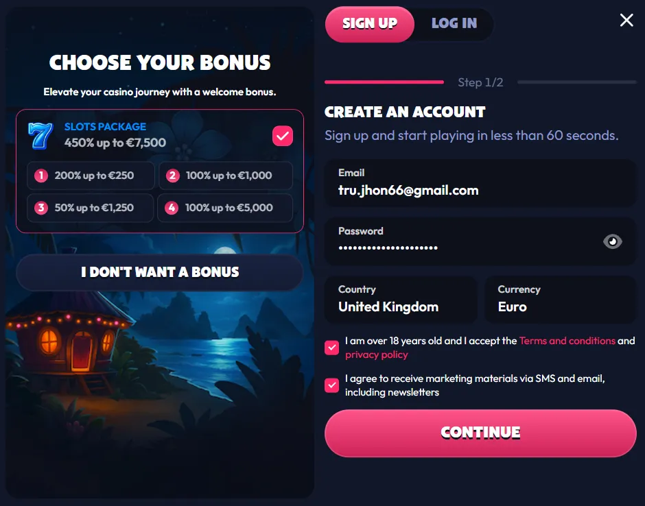 Registration stage 1 at Seven Casino