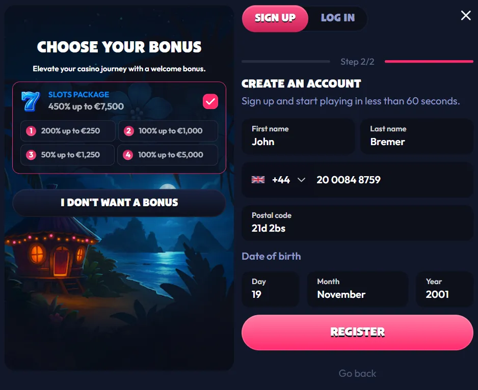 Registration stage 2 at Seven Casino
